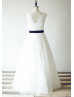 Ivory Pleated Tulle Lace Long Wedding Dress With Flower Sash